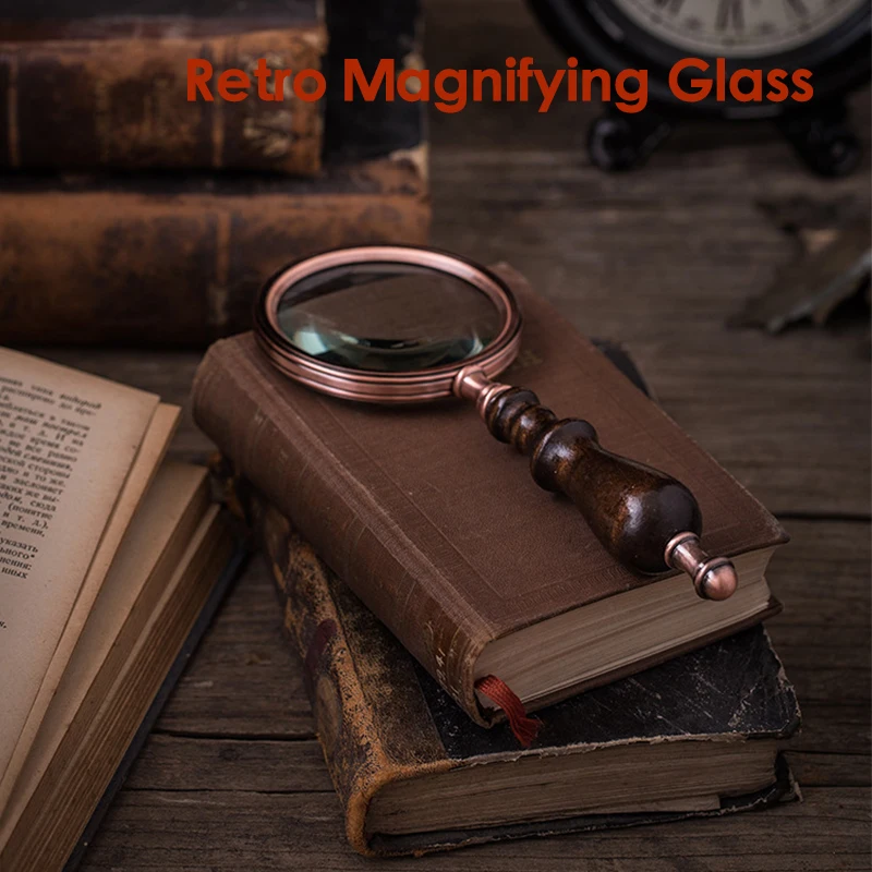 Retro 10X Magnifying Glass Wooden Handheld Magnifier Optical Magnifying Glass for Reading Repair Work Ornaments Photography Prop