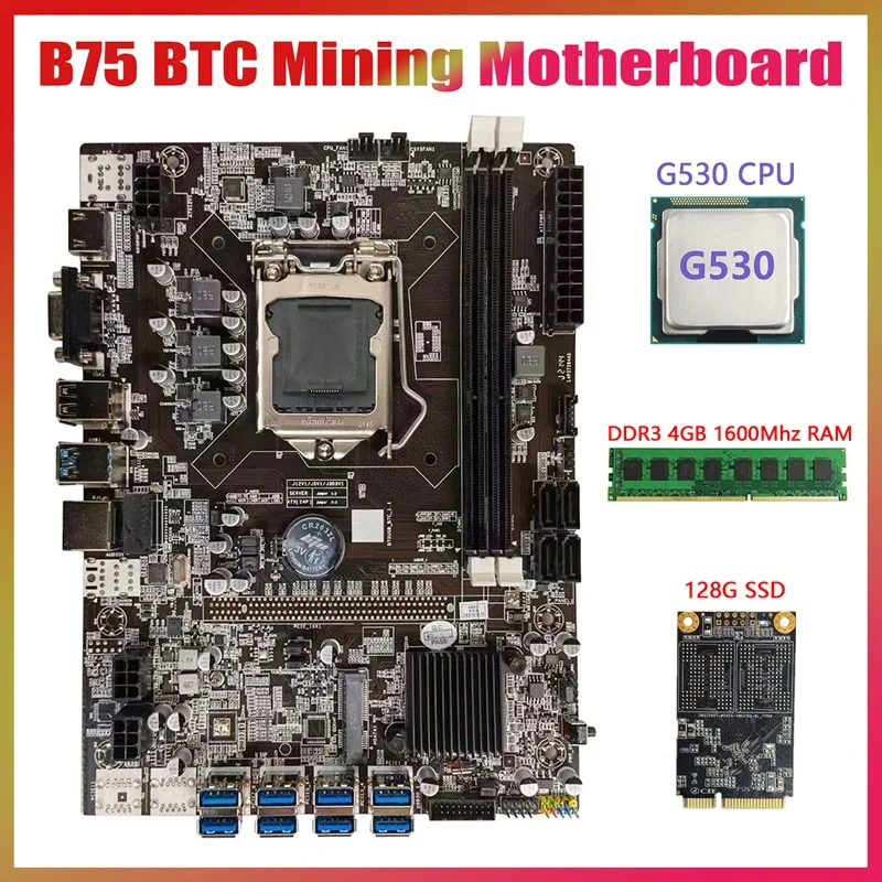 

Материнская плата B75 USB BTC для майнинга + процессор G530 + DDR3 4 Гб 1600 МГц ОЗУ + 128G MSATA SSD LGA1155 8xpcie к USB B75 BTC материнская плата