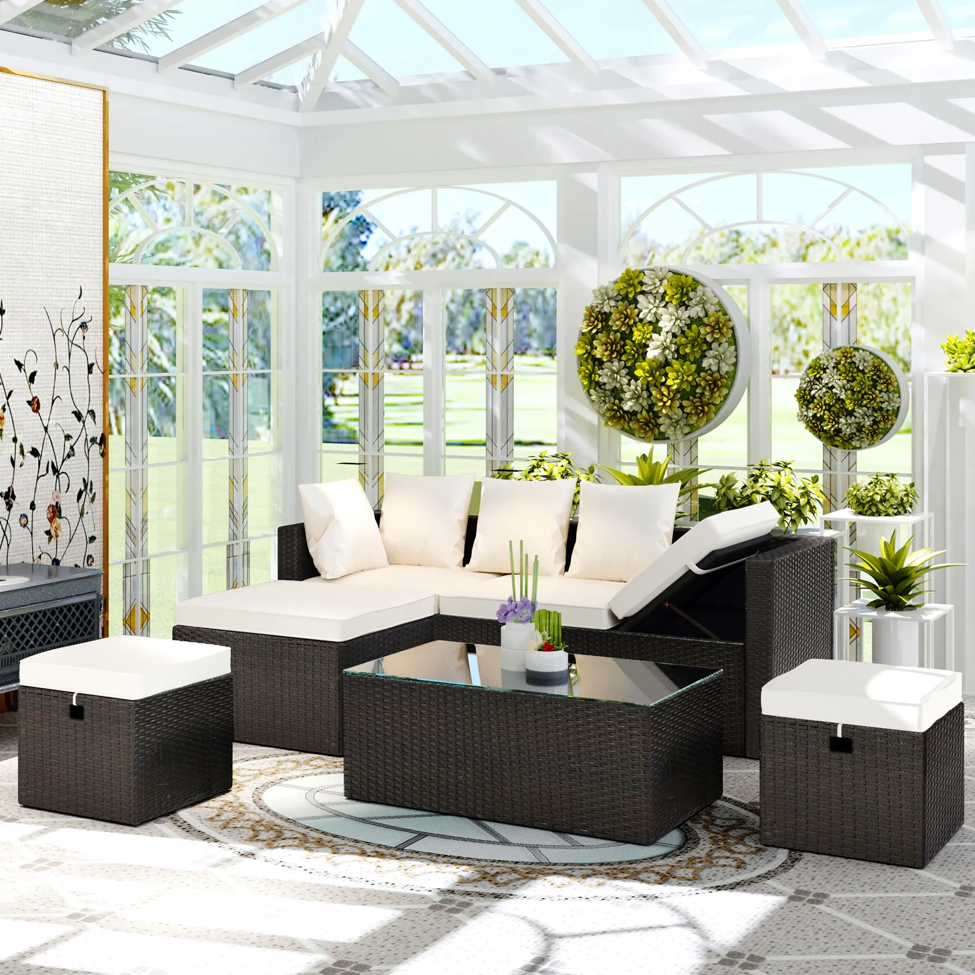 

5-Piece PE Wicker Sofa Set Rattan Adjustable Chaise Lounge with Tempered Glass Tea Table and Removable Cushions Beige