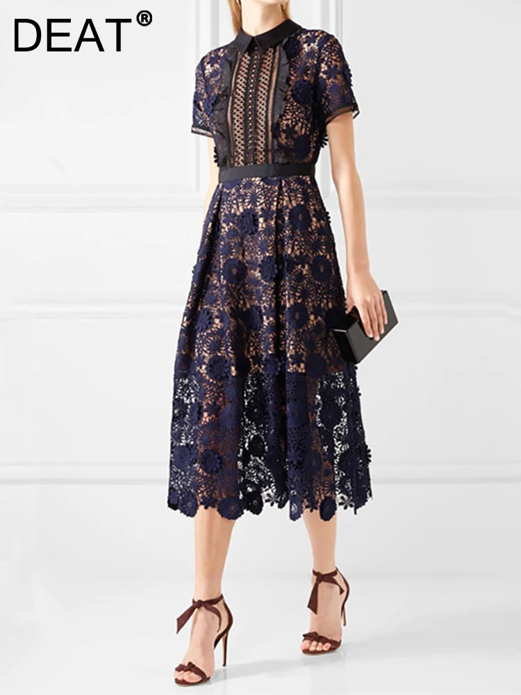 

Женское ажурное платье в стиле пэчворк DEAT, летнее платье с отложным воротником, коротким рукавом и вышивкой на талии, 13DB2611, 2023