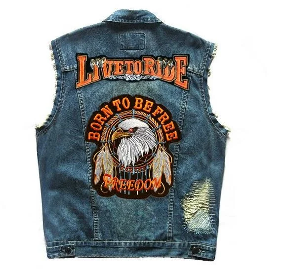 

Men's FREEDOM Eagle Patches Moto Biker Vests LIVE TO RIDE Embroidered Distressed Rivet Denim Vest Motorcycle Sleeveless Jacket