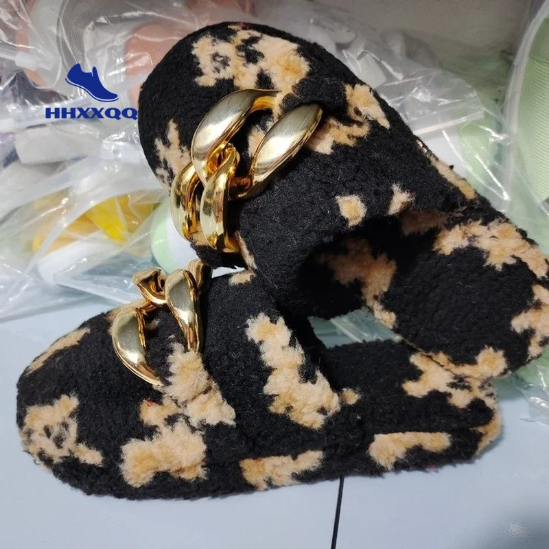 

New Lovely Chain Furry Slippers for Women Home Floor Indoor Home Plush Slippers Fur Slides Fashion Shoes Home Metal Chains Warm