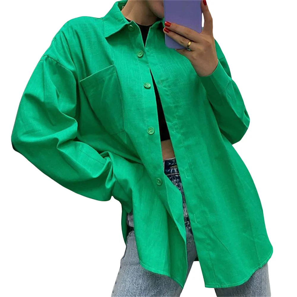 

Women Button Down Oversized Shirt Long Sleeve Curved Hem Boyfriend Casual Blouse Girls Candy Color Top Streetwear