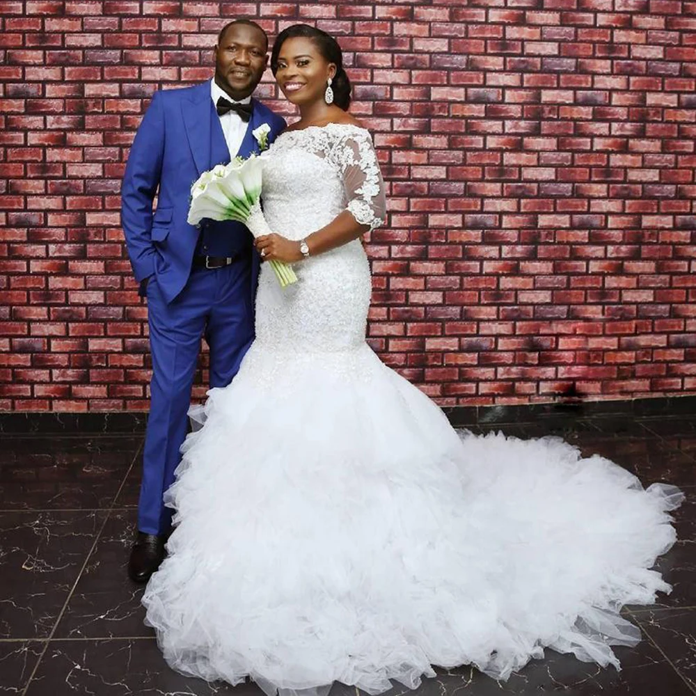 

Свадебные платья с длинными рукавами в африканском стиле с юбкой-годе 2022 с аппликациями и оборками, многоярусные тюлевые Свадебные платья с...