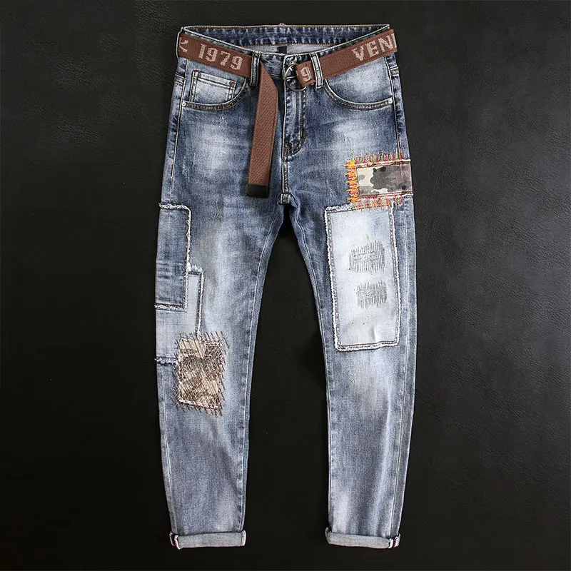 

Jeans Pria Fashion Streetwear Celana Denim Hip Hop Pria Jeans Sobek Desainer Potongan Pas Badan Elastis Biru Muda Retro Hombre