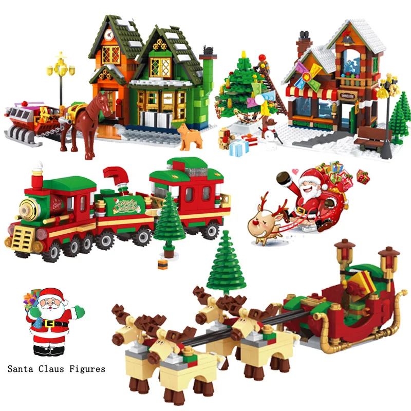 

Building Blocks Christmas Santa Train Tree Post Office Claus Figures City Winter Village Friends Bricks Toys Gifts