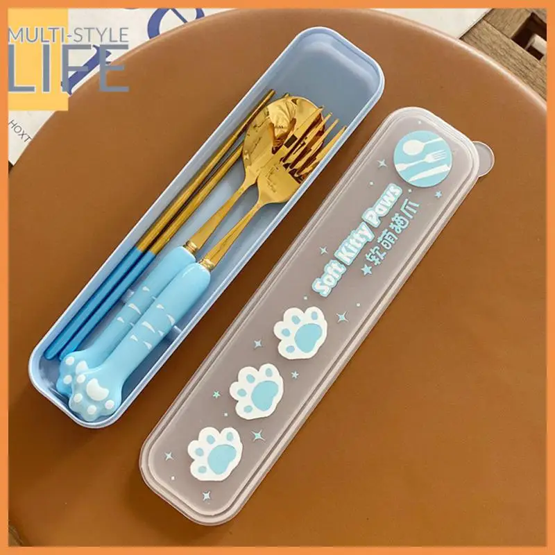 

3in1 Portable Tableware Cutlery Dinner Set Travel Packaging With Storage Box Dinnerware Picnic Fork Spoon Bag Cat Paw Dinnerware