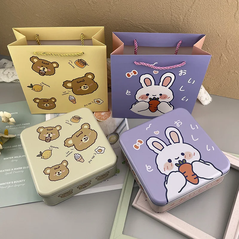 Квадратная металлическая коробка с мультяшным кроликом для печенья конфет