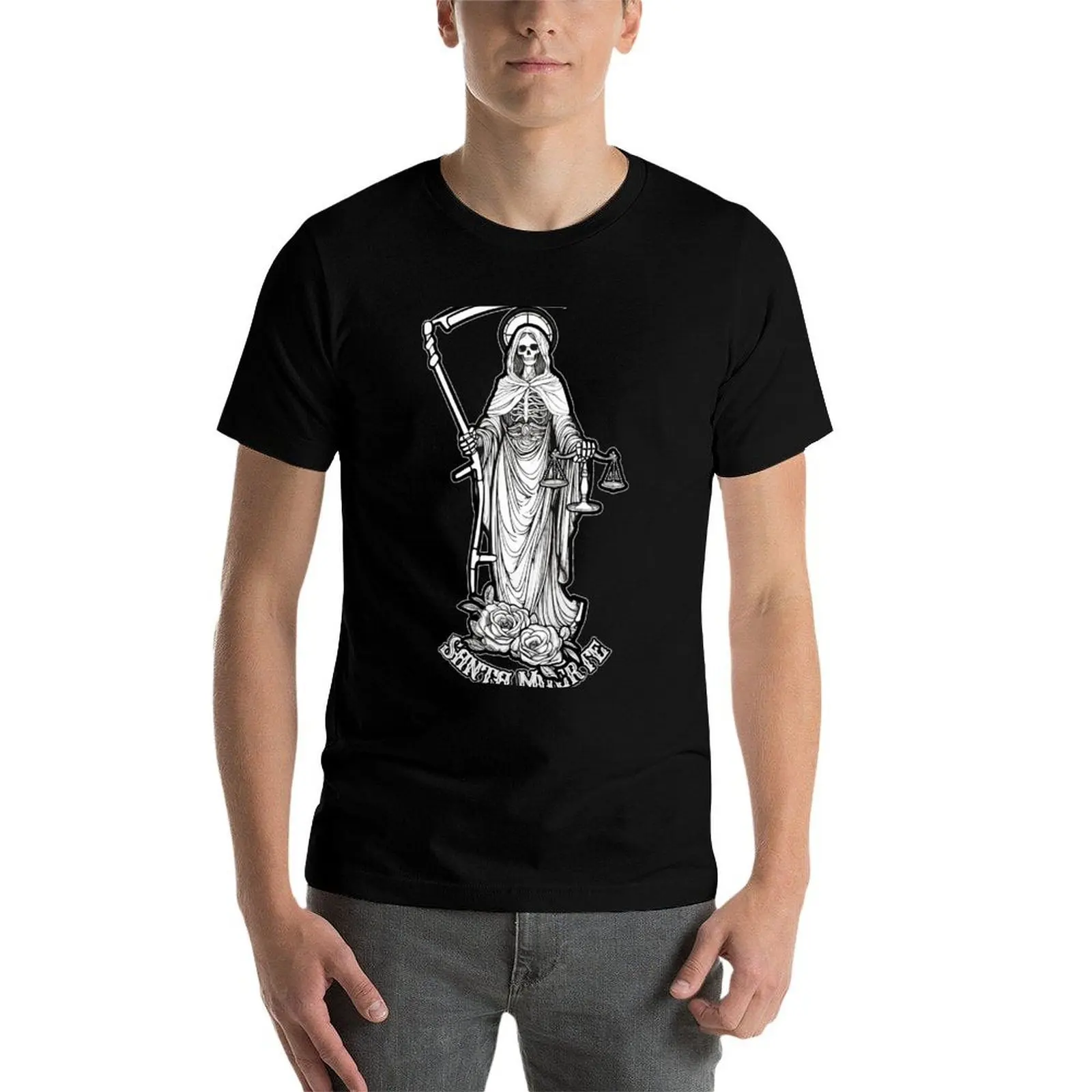 Фото Футболка Santa Muerte с весами - праздничная простая футболка с изображением Святой Смерти №4