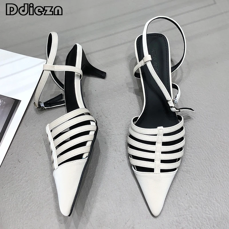 

Туфли-лодочки женские на тонком высоком каблуке, Элегантная модная обувь с ремешком на пятке, заостренный носок, сланцы, 2023