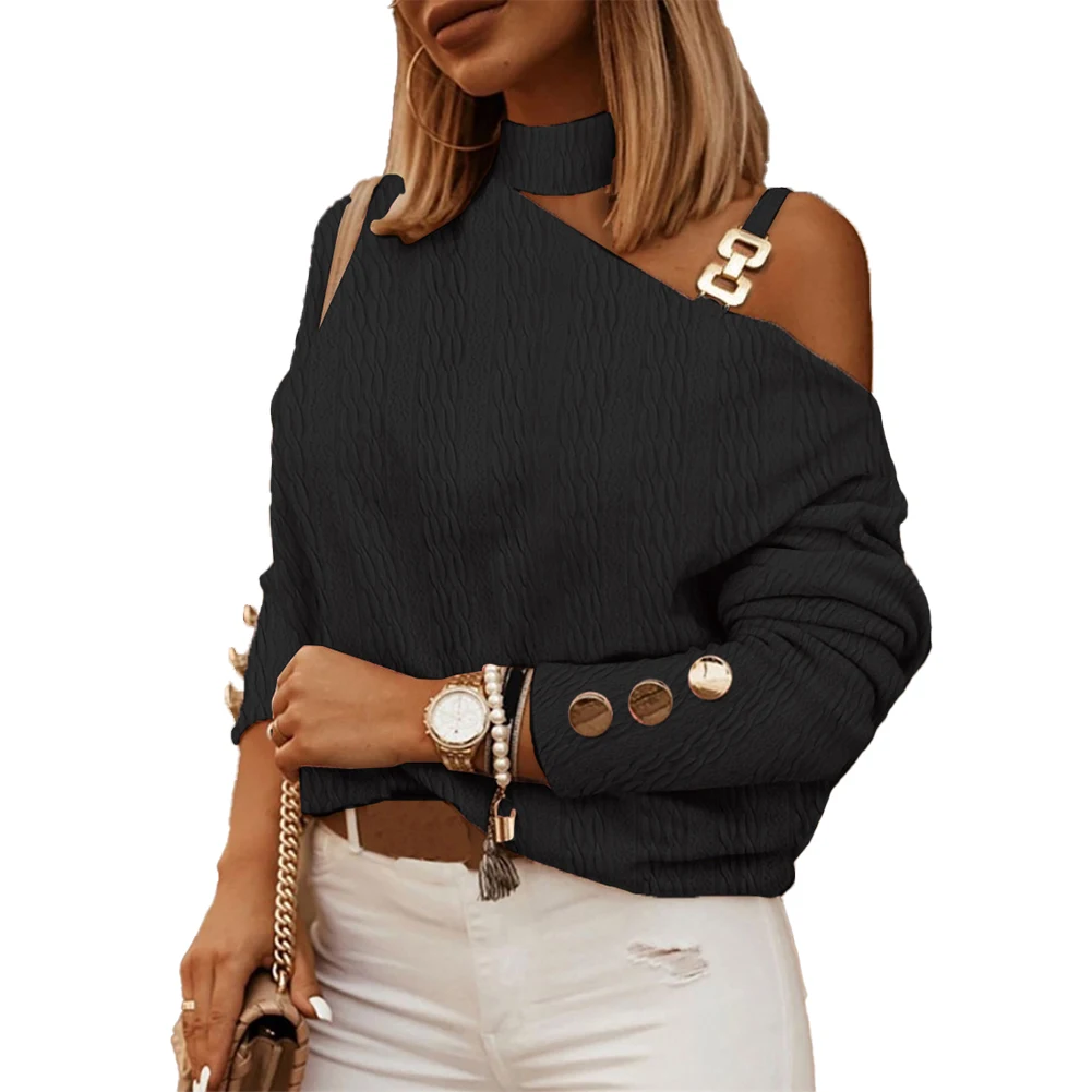 

Women Autumn Long Sleeve Elegant Top Chain Decorative Comfortable Diagonal Shoulder Fashion Polyester Comfy Women's T-shirt