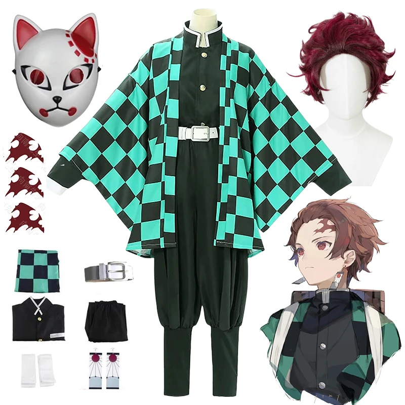 

Anime Kamado Tanjirou Cosplay Costume Demon Slayer Kimetsu No Yaiba Tanjirou Cosplay Uniform Kimono Wig Halloween Party Clothes