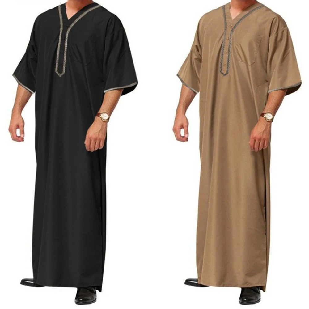 Islamic Arabic Kaftan Men Half Sleeve Solid Color V Neck Muslim Clothes Loose Casual Middle East Dubai Jubba Thobe Plus Size 5XL
