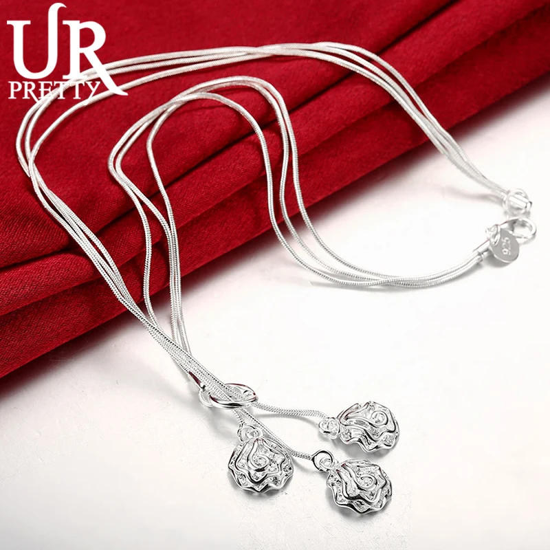 

URPRETTY 925 Sterling Silver Three Roses Snake Necklace 18 Inches Chain Woman Wedding Engagement Fashion Charm Jewelry Gift