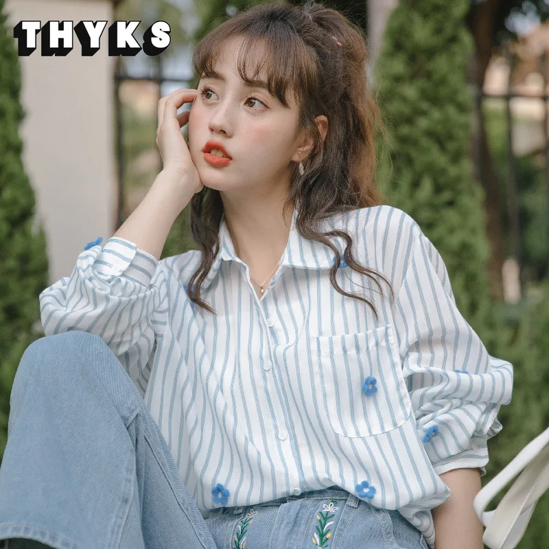 

Женская рубашка в полоску, однобортная Повседневная элегантная шикарная Весенняя рубашка с отложным воротником и трехмерными цветами, с длинным рукавом