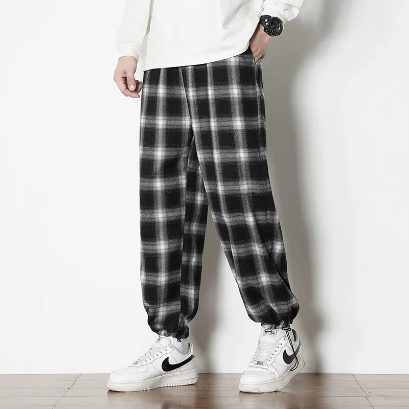 

Casual Pants Men's Plaid Pants Outdoor Loose Men's Pants Ankle-Tied2022New Black and White Chessboard Plaid Pants Fashion Casual