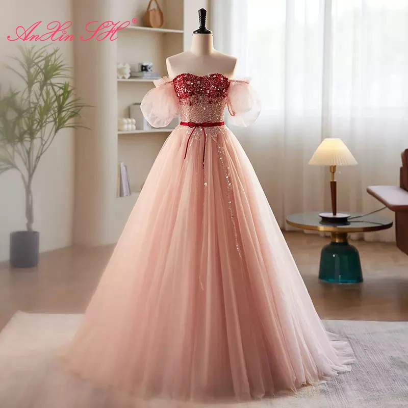 

AnXin SH princess pink lace boat neck puff sleeve beading red crystal little bow Host lace up a line party sparkly evening dress