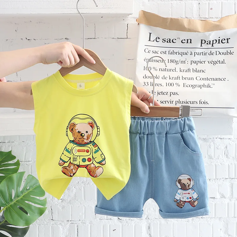 

2022 New Summer Clothes Sets Sleeveless Print Bear White Yellow Blue Cute 2 Piece Sets Designer Boys Clothes Sets 18M-6T