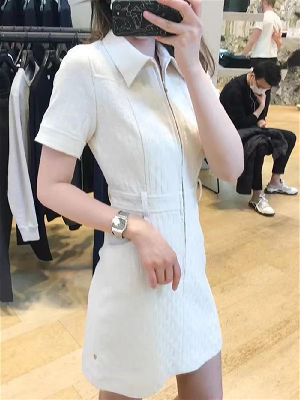 Clearance Specials Ultra-Low Price Women Turn Down Collar Solid Color Letter Jacquard Short Sleeve A-Line Mini Robe