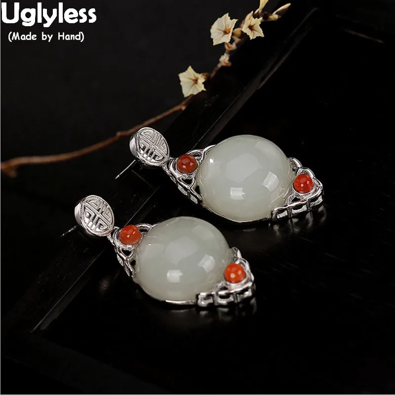 

Uglyless Real 925 Sterling Silver Designer Palace Dangle Earrings for Women Party Dress Brincos Jewelry Natural Jade Earrings