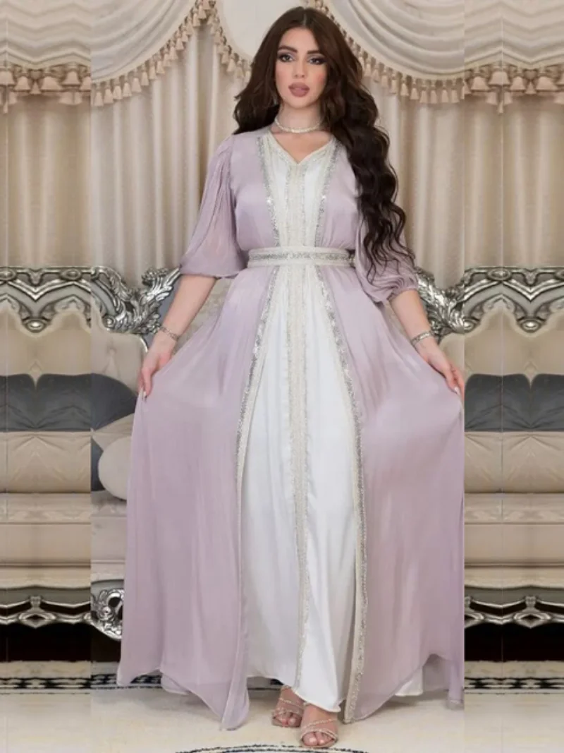 Dubai Abaya Luxury For Muslim Women Diamonds V-Neck Lace Tape Belted Kaftan 2pcs Modest Fashion Long Dresses Ramadan Clothes