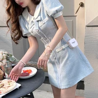 summer doll collar bow puff short sleeve korean dress blue slim button lace mini dress french small fragrance office lady dress