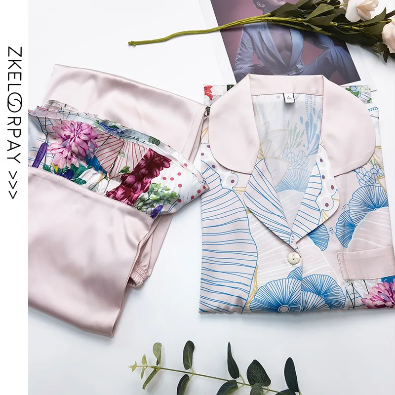 Spring Satin Female Print Sleepwear Women's Pajamas Silk Long Sleeve Pants Set 2 Pcs Temperament Pijamas Women Casual Home Suit