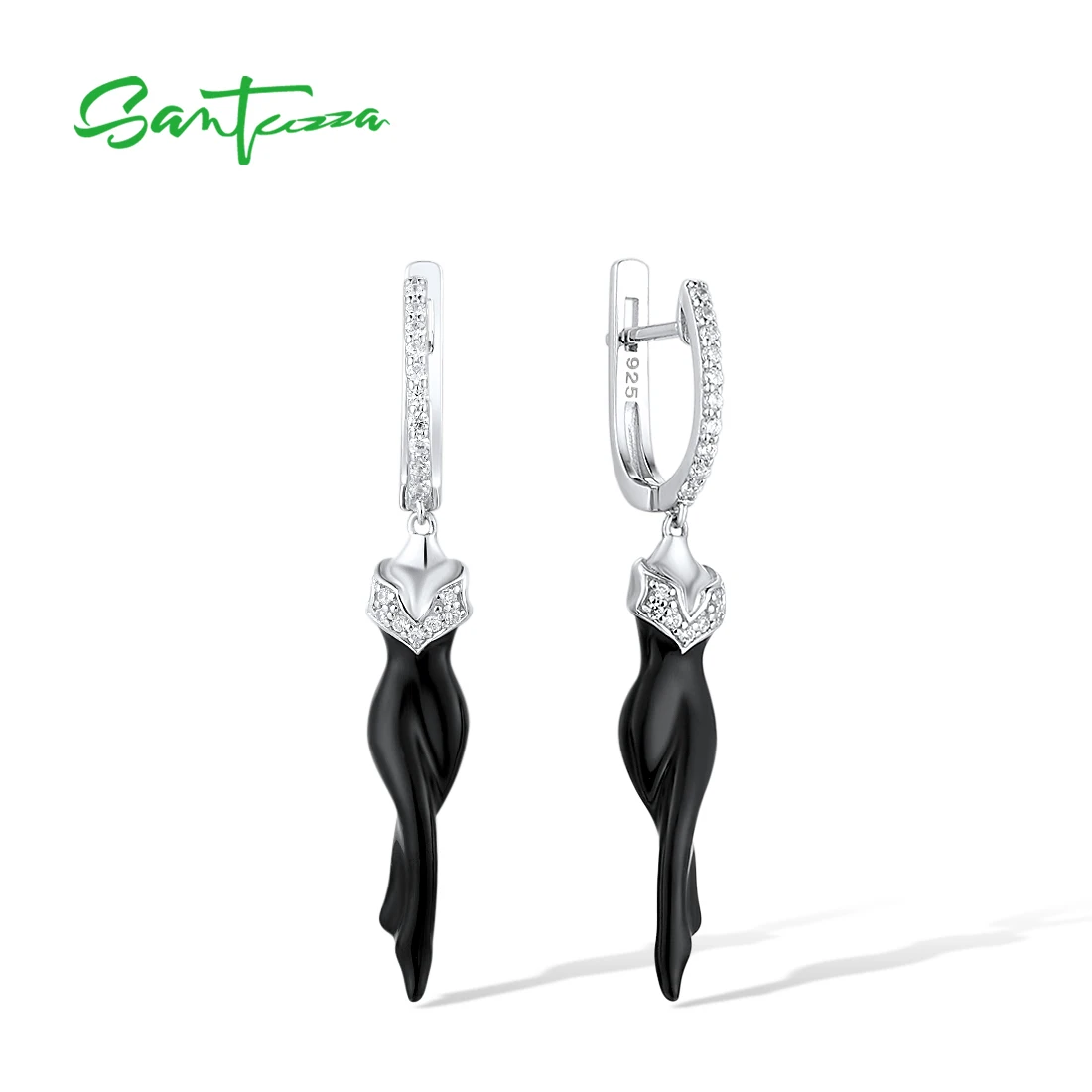 

SANTUZZA 925 Sterling Silver Drop Earrings For Women Shiny White Cubic Zirconia Black Enamel Dancing Lady Trendy Fine Jewelry