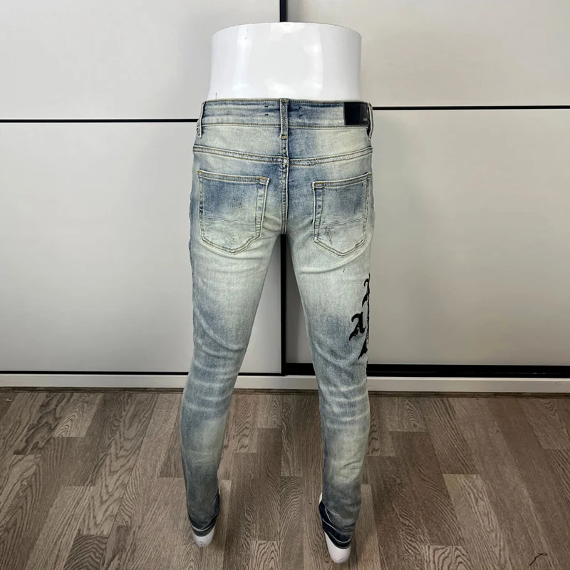 Street Fashion Men Jeans Retro Blue Elastic Stretch Slim Fit Ripped Jeans Men Brand Patch Designer Hip Hop Denim Pants Hombre