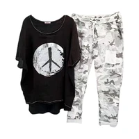 shirts pants set woman 2 pieces elegant t shirt pants camouflage drawstring summer relaxed fit asymmetrical outfit streetwear