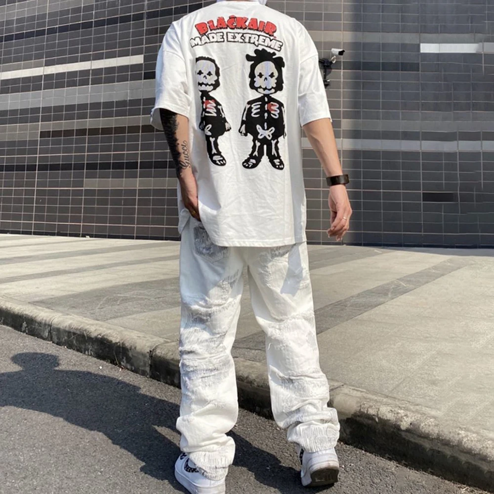 Y2K American Style Old Sanding Ripped Denim Trousers Mens Street Wear Matching Color Design Loose Straight Jeans Trendy Trousers