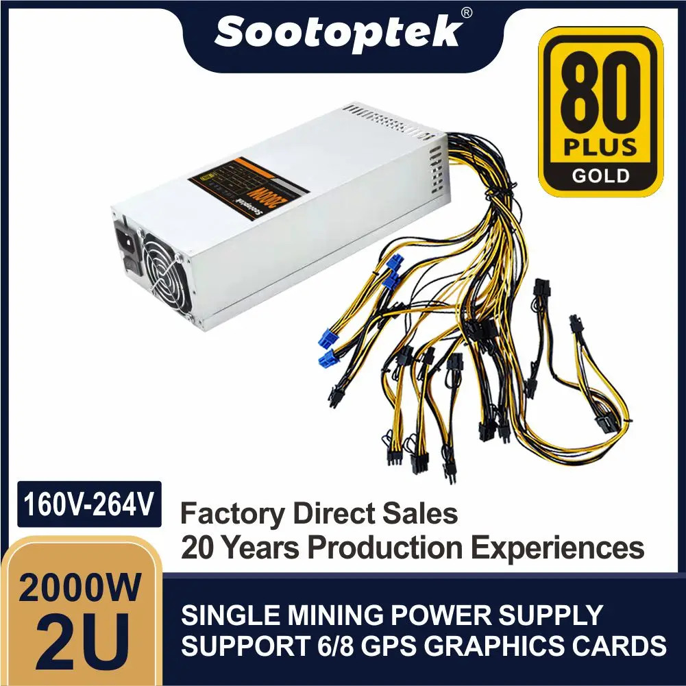 Новая версия, 2000 Вт, блок питания для майнинга, 160-264 в, 2U, одноканальный блок питания с графическим процессором, 8 * PCI 6Pin и 6 см вентилятором, 80 PLUS золото, высокомощное устройство