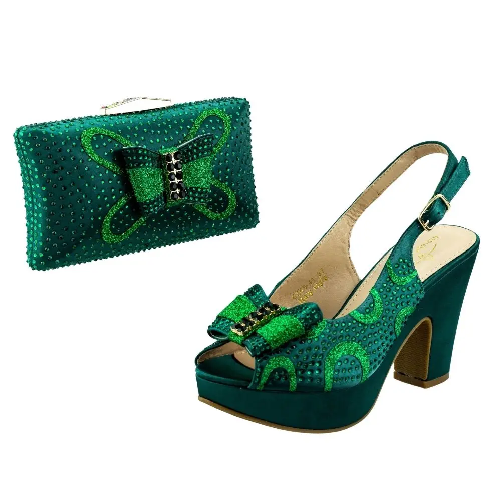 Butterfly Women Chunky Shoes and Bag Italian Style Female Square Heels with Clutch Purse Italy Fashion Sandals and Handbag Set