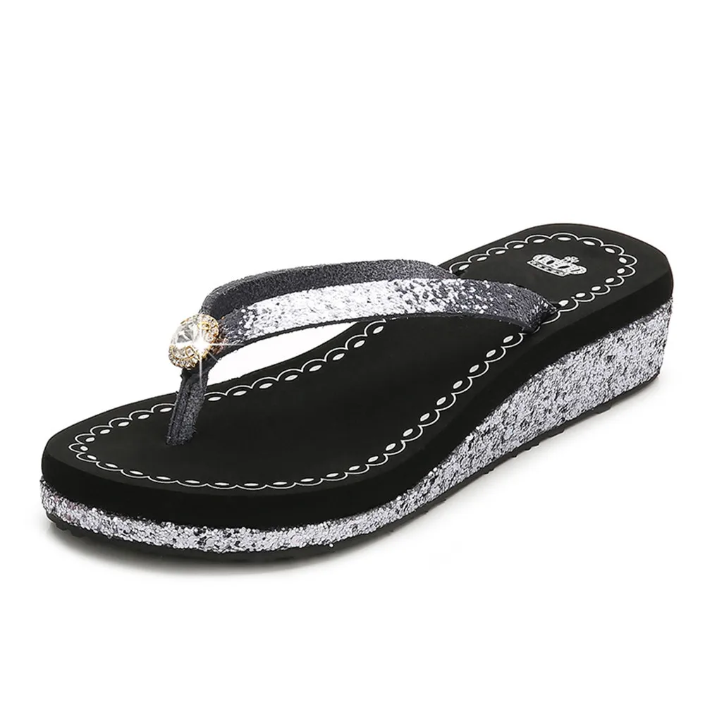 

2022 New Women's Sandals Sequins Bow Knot Thick Bottom Non-slip Slippers