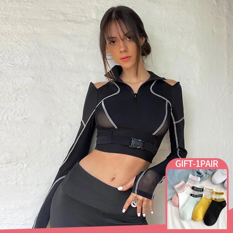 

2022 Fashion Casual Hip Hop TShirt Women Spring Autumn Black Slim Streetwear T Shirt Goth Dark Black Buckle Patchwork T-shirts