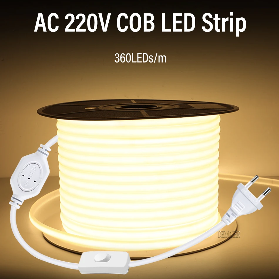 COB LED Strip 220V Waterproof Outdoor Decor  360Leds/M RA 90 High Brightness 3000K 4000K 6000K Flexible Ribbon FOB Light
