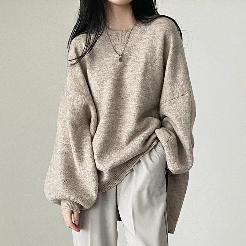

SuperAen Korean Chic Autumn Style Round Neck Drop Shoulder Sleeve Side Slit Casual Loose Long Knit Sweater for Women