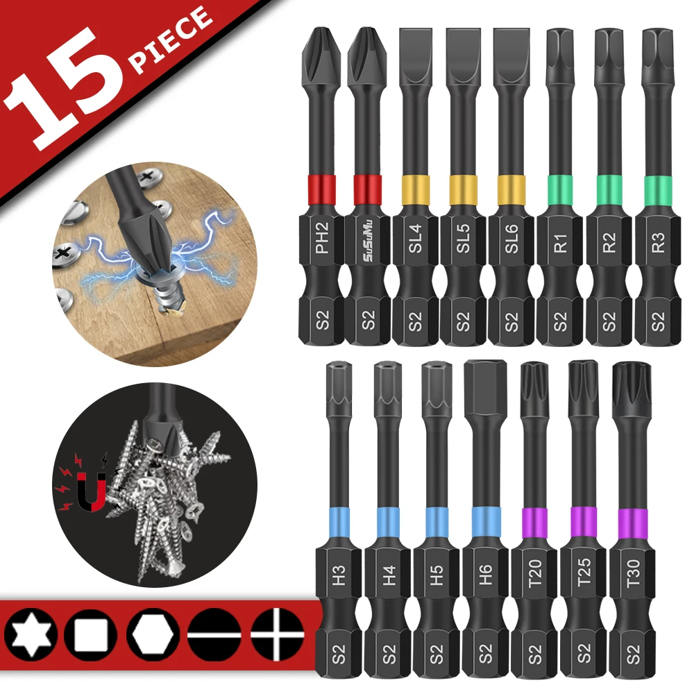 

15PCS Magnetic Batch Head Impact Strong Electric Screwdriver Bit Set Magnetic Case 5 Types Head Bit Anti-slip Waterproof Bits