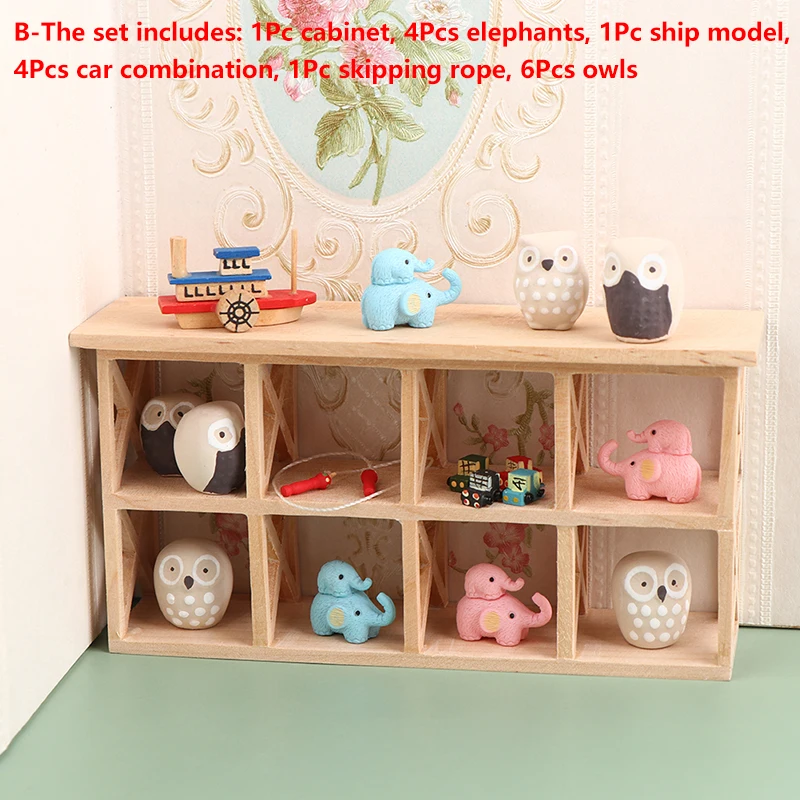 

1Set 1:12 Dollhouse Miniature Storage Side Cabinet Owl Elephant Ornaments Display Rack Stand Model Furniture Decor Toy