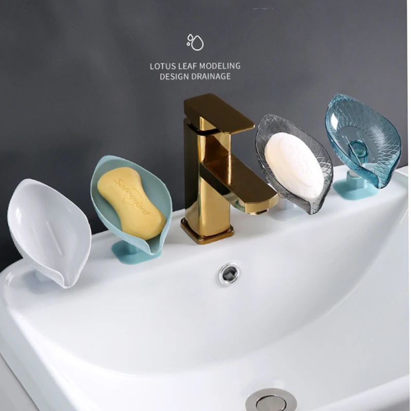 Leaf-shaped Bathroom Suction Cup Soap Dish with Drain Water Double Row Hole Holder for Kitchen Tableware Sponge Shower Storage