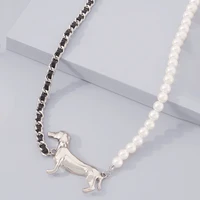 lamyesi trend pearl chain stitching clavicle chain dachshund metal pendant necklace for women jewelry design choker gilrs collar
