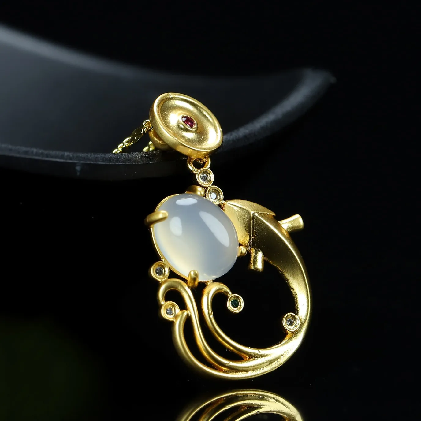 

24k Real Gold Plated Copper Fish Hook White Jade Pendant Necklace Women Lucky Charms Amulets Natural Myanmar Jadeite Jewelry