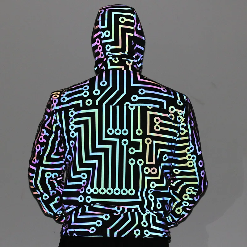 

Europe and America Color Circuit Pattern Laser Night Vision Hooded Jacket for Men Autumn Reflective Coat Women and Men Jacket