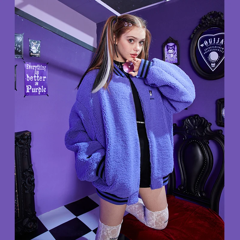 

Kawaii Sanrios Co-Branded Kuromi Purple Jacket Baseball Uniform Women's Winter Cartoon Anime Loose Jacket Coats & Jackets