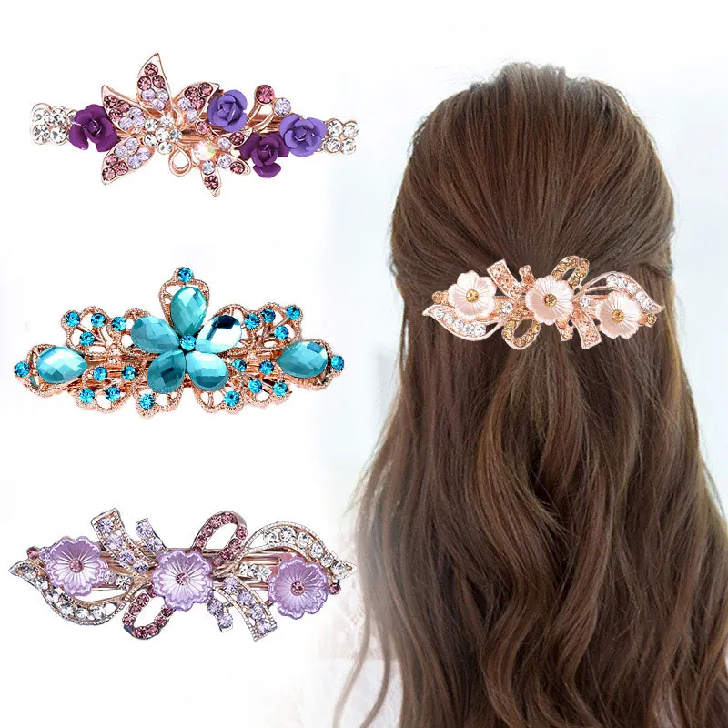 

Woman Crystal Barrettes Hair Clips Rhinestone Flower Hairpins Ladies Girl Headwear Ponytail Holder Hair Accessories Wholesale