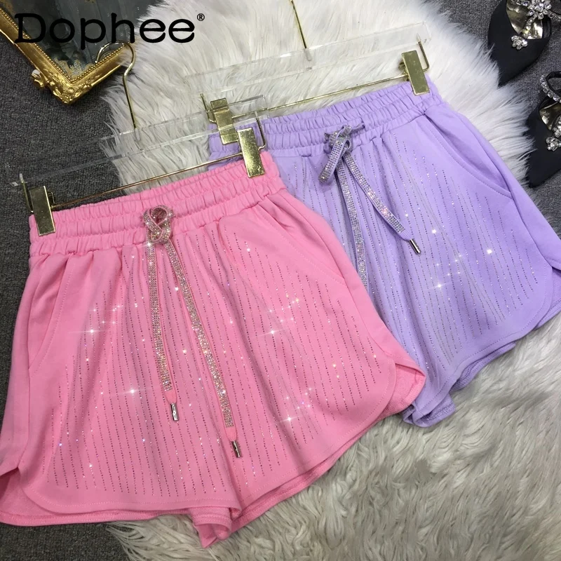 

Hot Drilling Shorts Women Starry Rhinestone Summer Shorts High Waist Slimming Pink Wide Leg Shorts Cotton Sport Casual Hot Pants