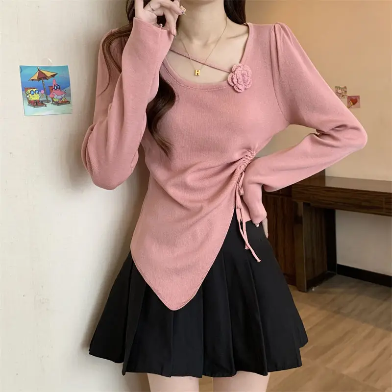 Корейский тривимерный вязаный женский топ с длинными рукавами и розой осенний