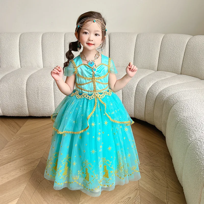 

Princess Jasmine Dress for Girls Cosplay Aladdin Costume Children Arab Traditional Tulle Suits Halloween Role Playing Frock