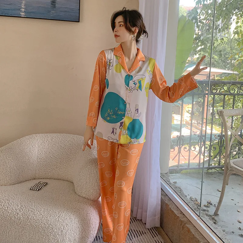 New pajamas women's imitation silk cute graffiti print fashion two-piece set pajamas for women