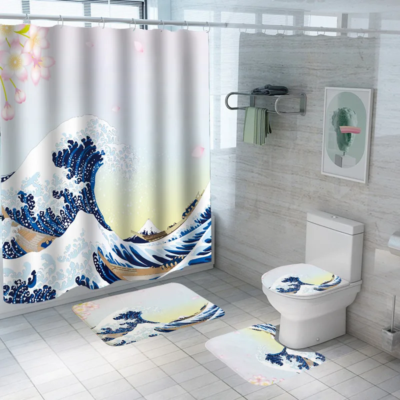 

Ocean Waves Shower Curtain Print Bath Mat Set Waterproof Eco-Friendly Mildewproof Carpets High Quality Bath Curtains With Hooks